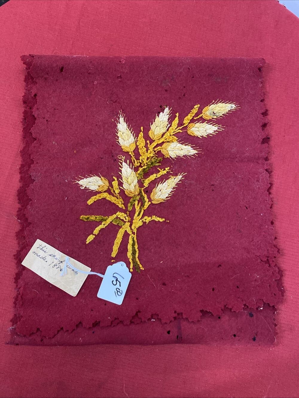 Antique Handmade In 1886-Red Felt With Yellow Flowers Table Runner 14”X 64”